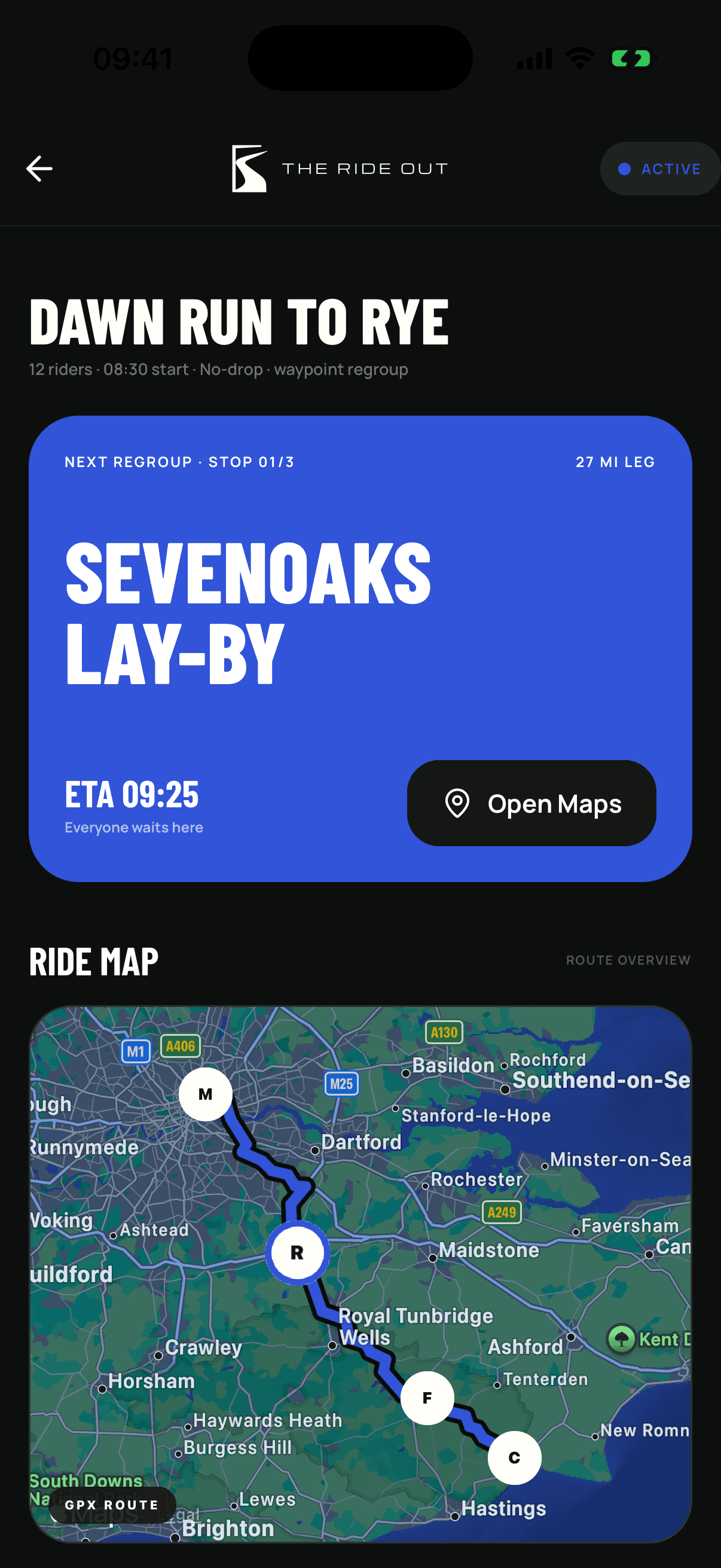 Native iOS active ride dashboard showing the next regroup and route on a geographic map
