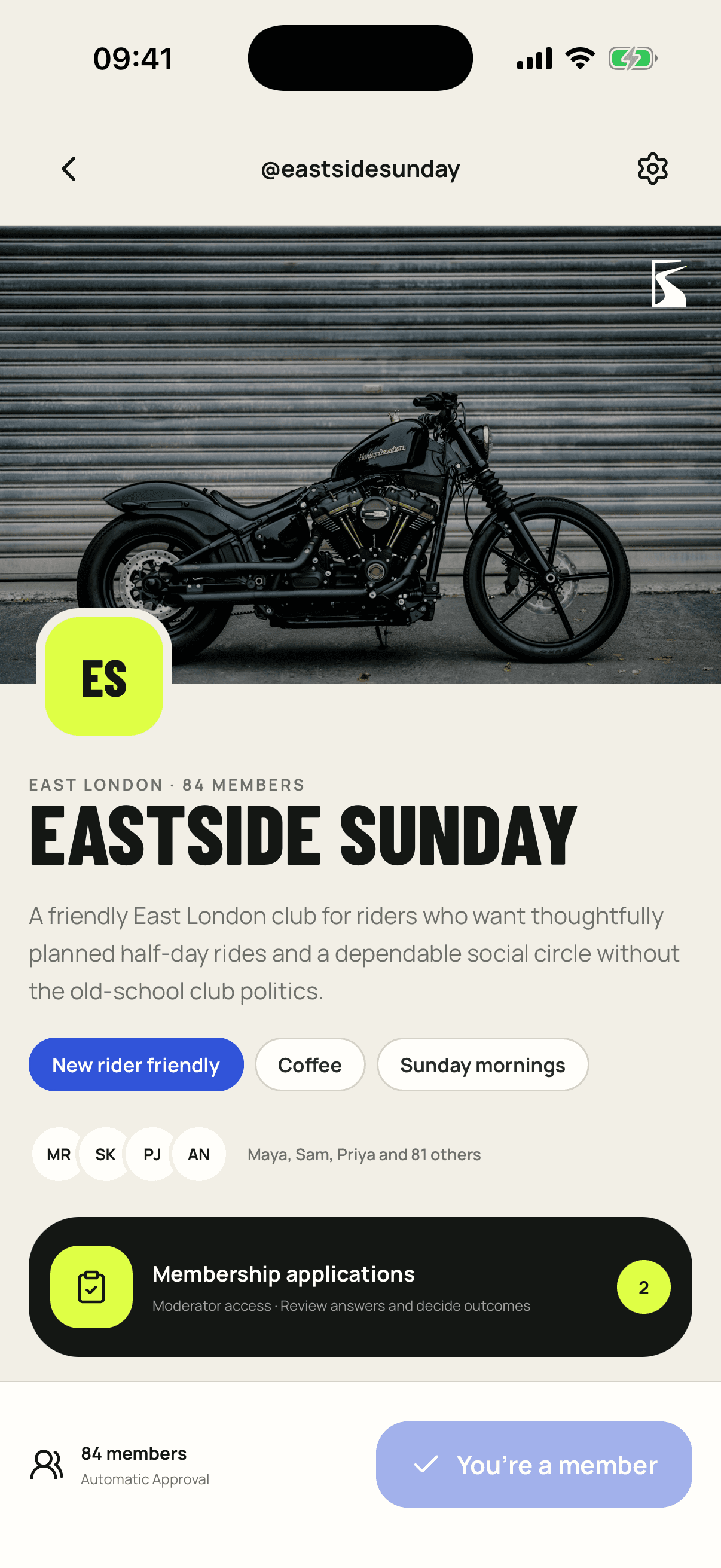 Review a motorcycle club, its members and upcoming rides in the native iOS app