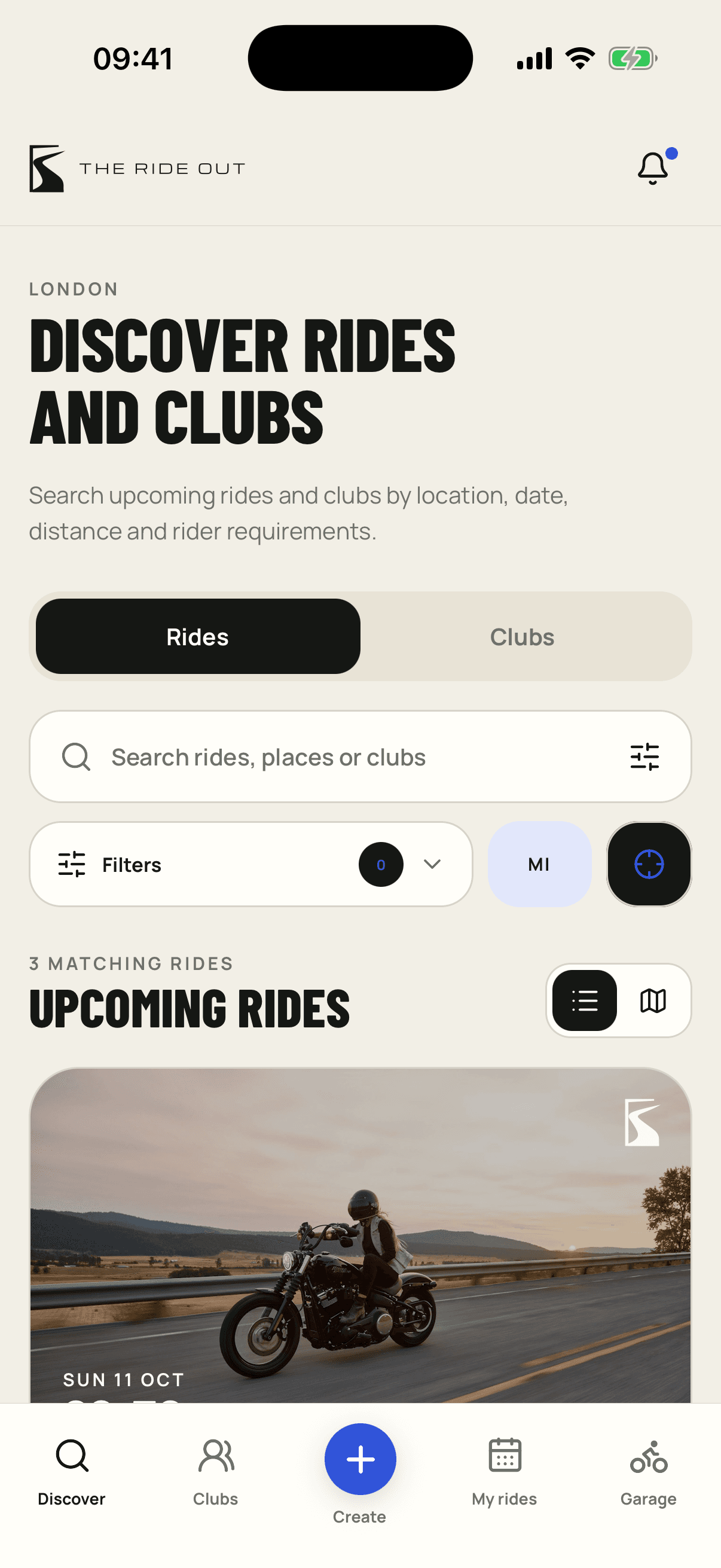 The Ride Out discovery screen showing nearby motorcycle rides